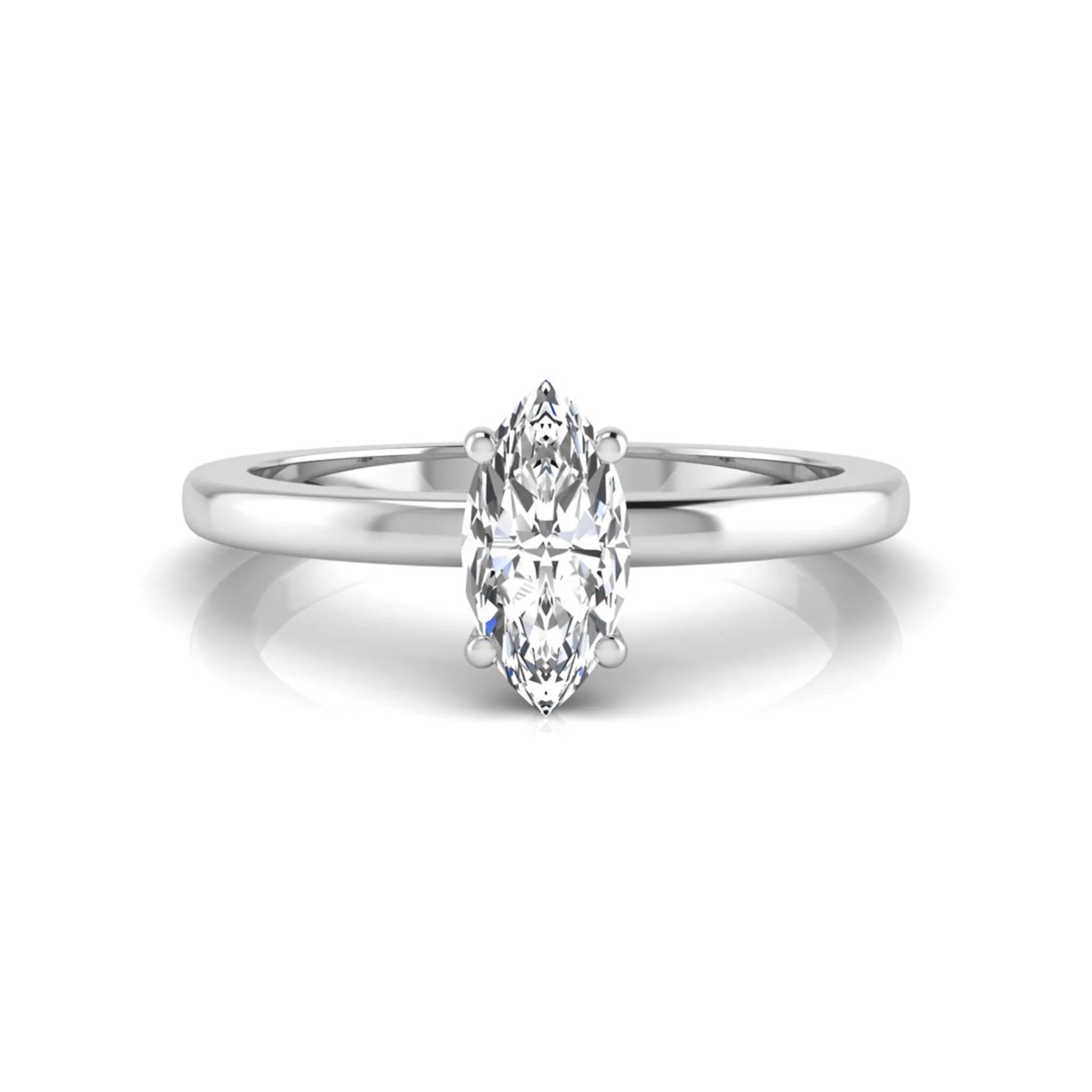 Marquise cut lab grown diamond solitaire engagement ring with four prong setting on white gold tone band