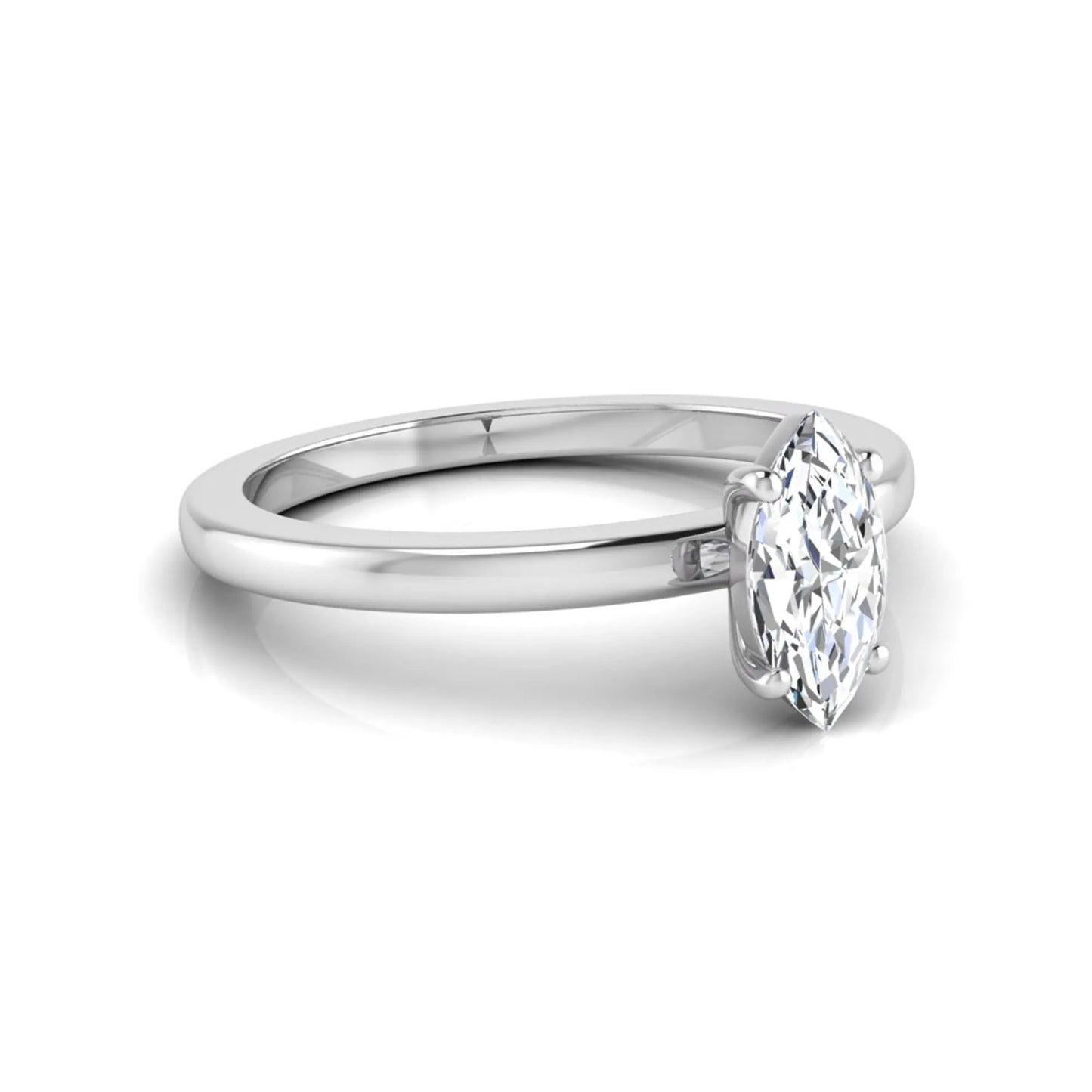 Marquise cut lab grown diamond solitaire engagement ring with four prong setting on white gold tone band