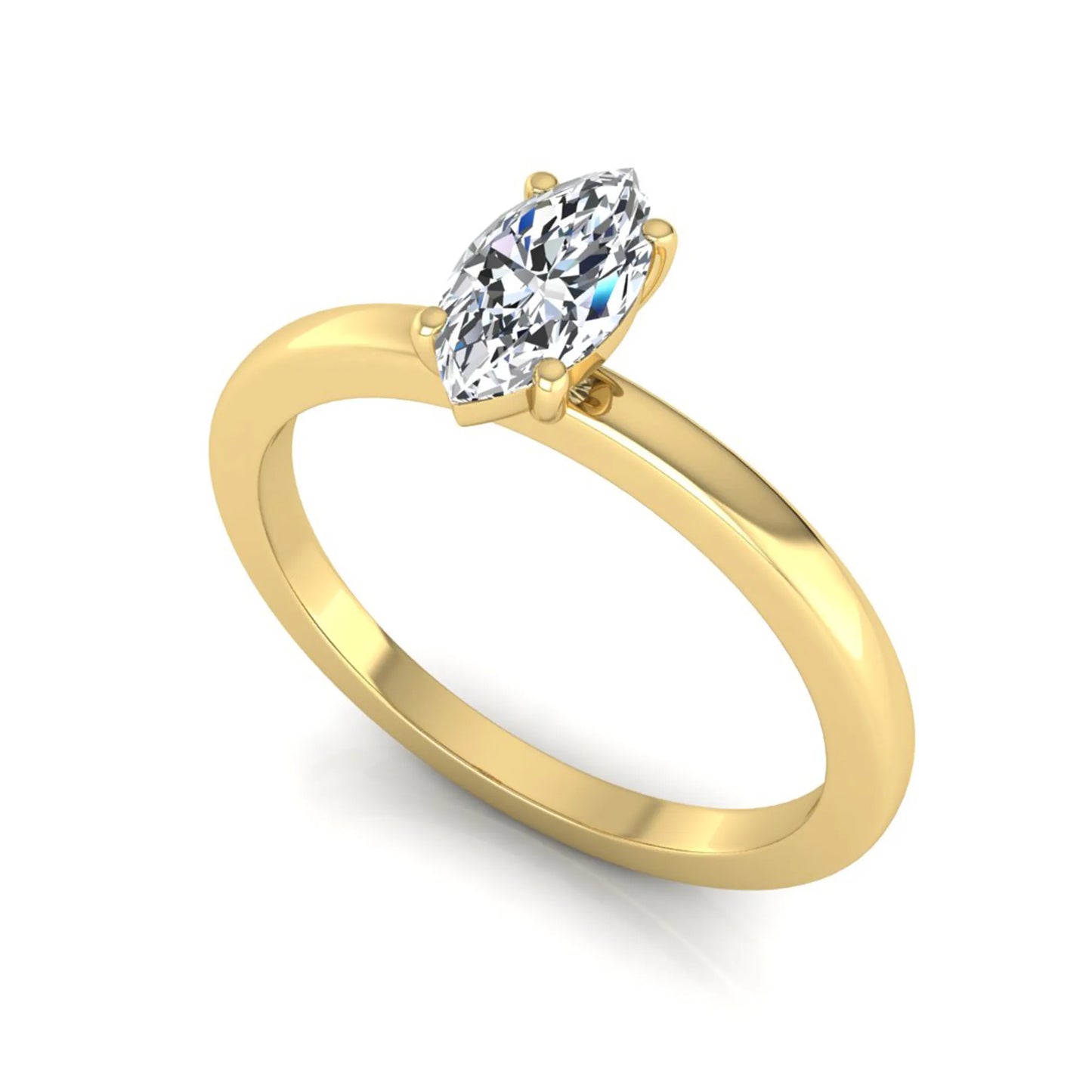 Marquise cut lab grown diamond solitaire engagement ring with four prong setting on yellow gold tone band