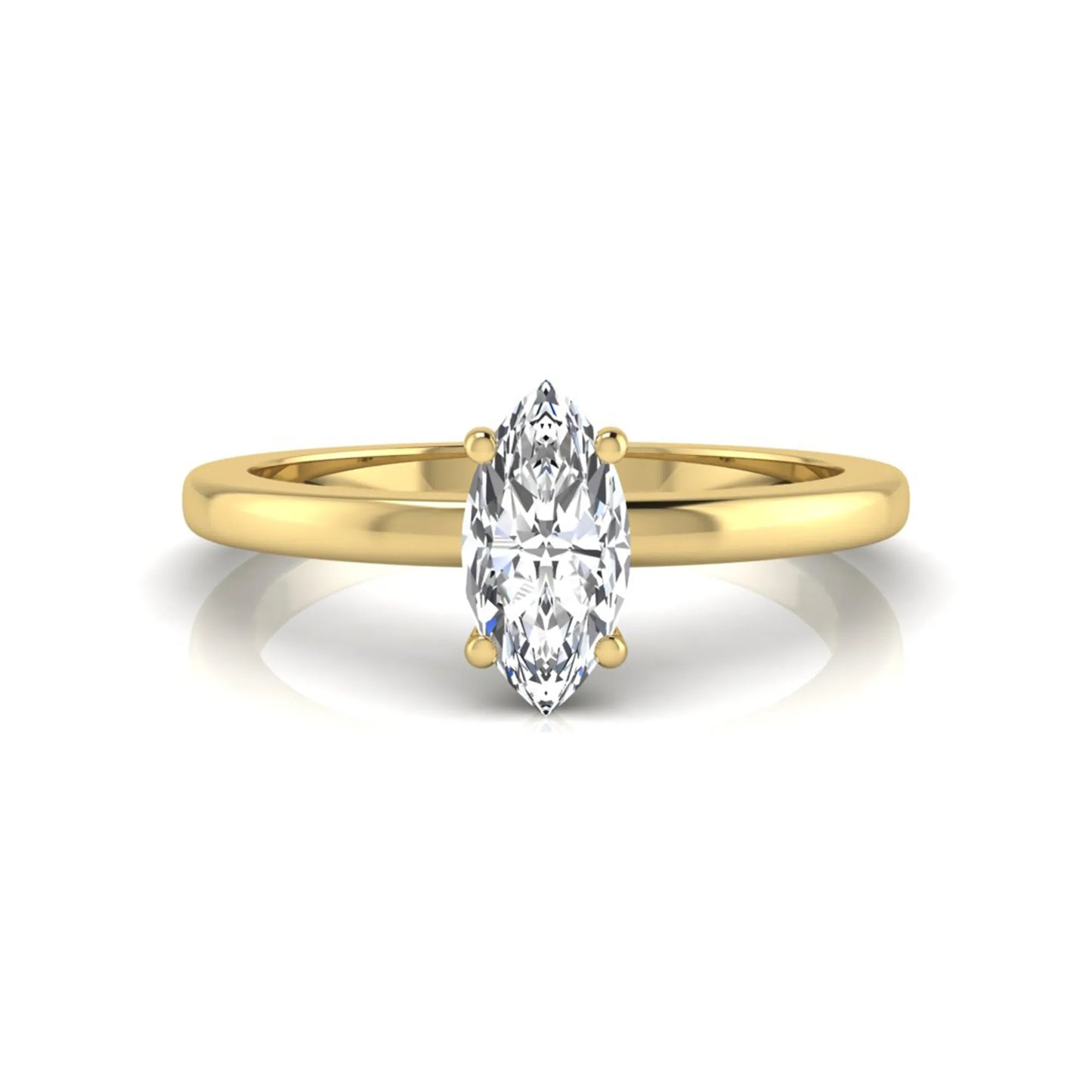 Marquise cut lab grown diamond solitaire engagement ring with four prong setting on yellow gold tone band
