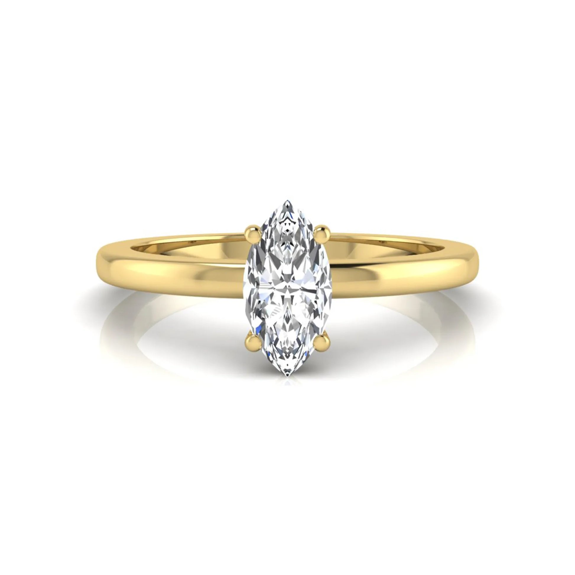 Marquise cut lab grown diamond solitaire engagement ring with four prong setting on yellow gold tone band