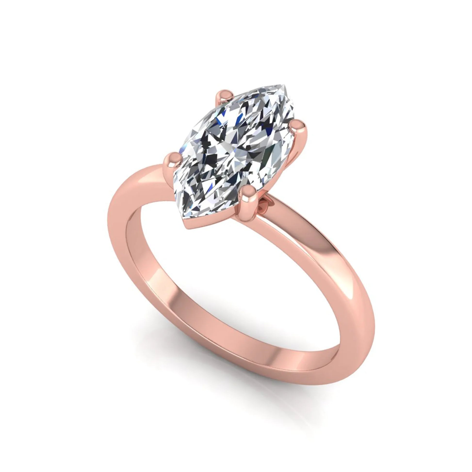 Marquise cut four prong lab grown diamond solitaire engagement ring with rose gold tone design