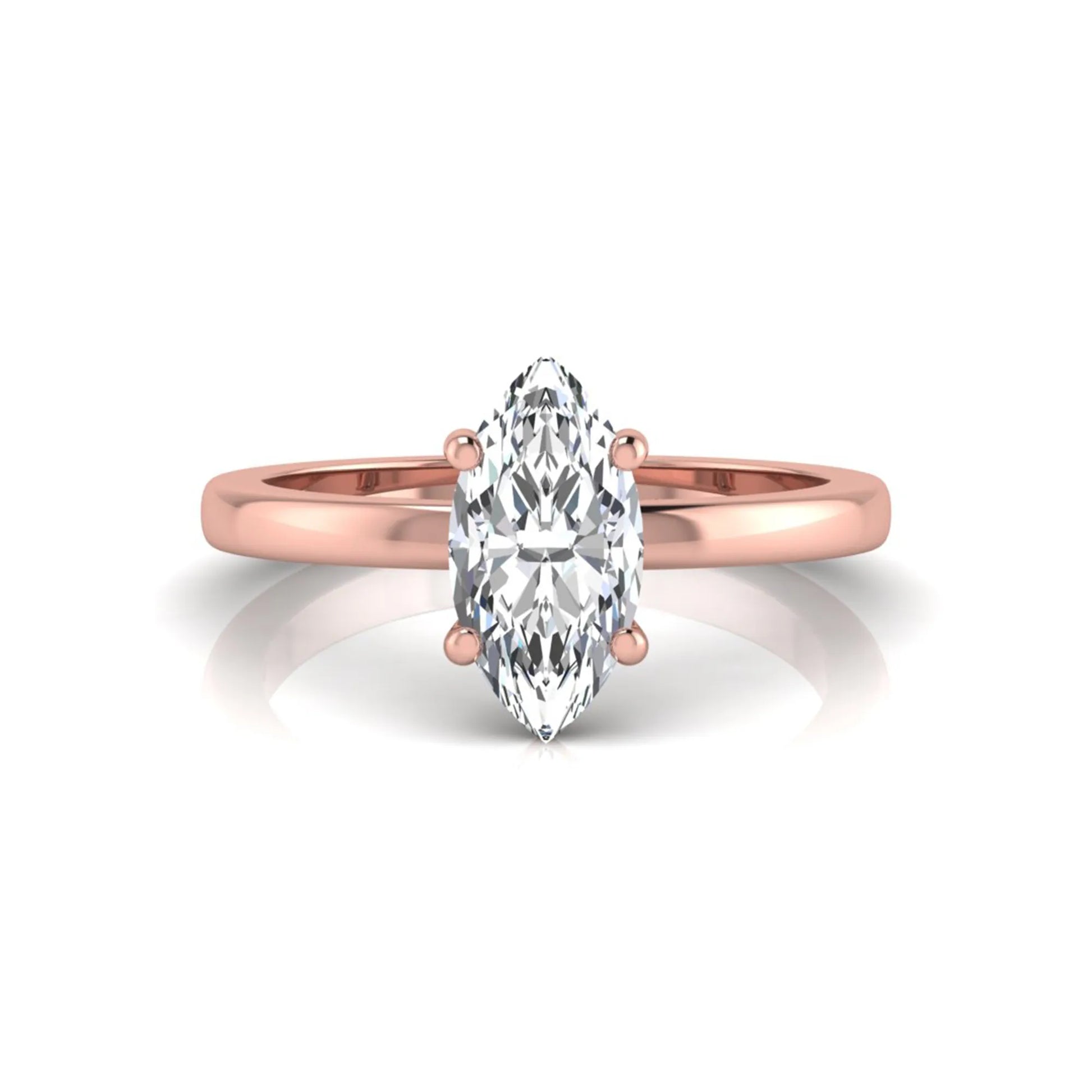 Marquise cut four prong lab grown diamond solitaire engagement ring with rose gold tone design