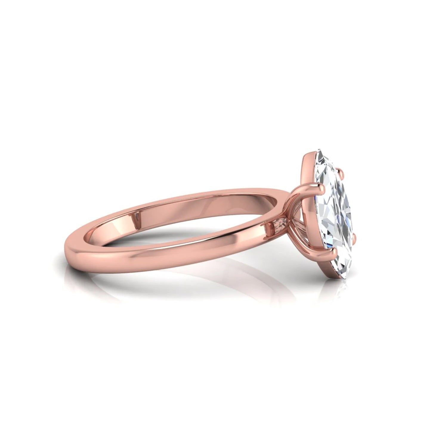 Marquise cut four prong lab grown diamond solitaire engagement ring with rose gold tone design