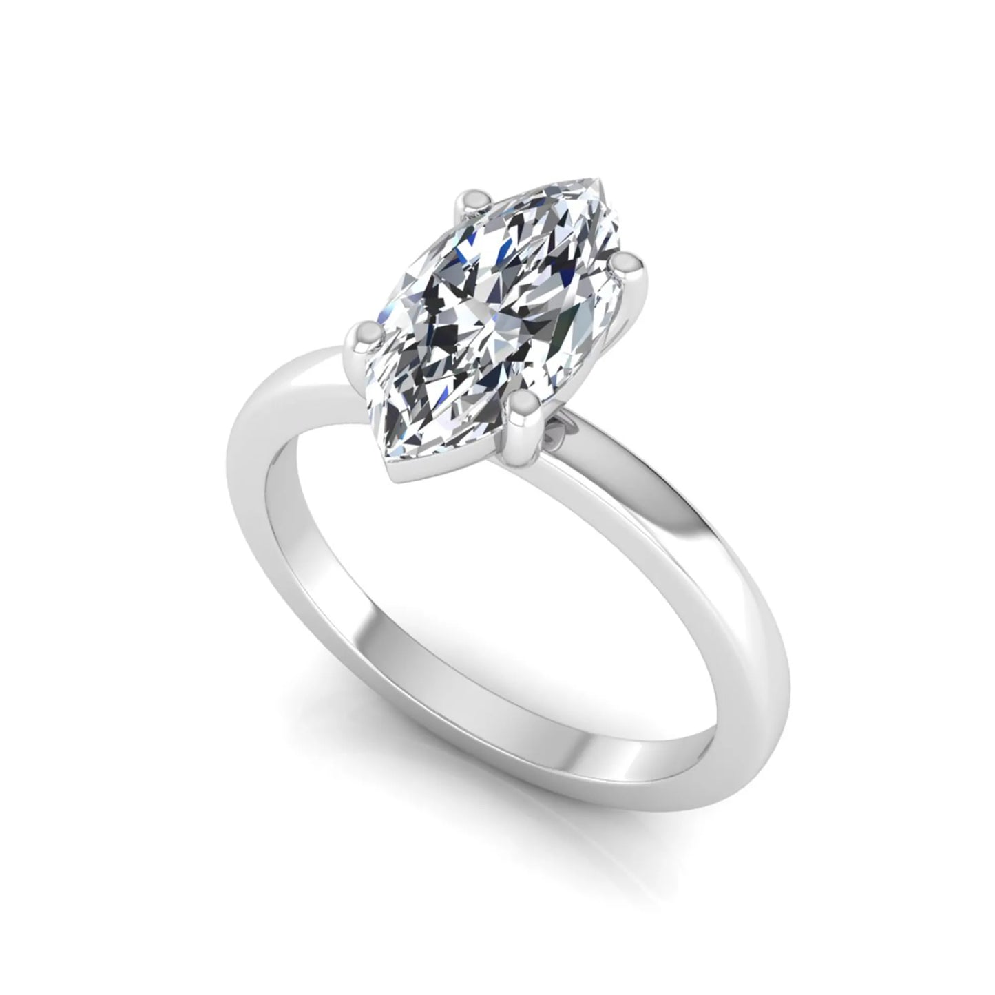Marquise cut four prong lab grown diamond solitaire engagement ring with white gold tone design