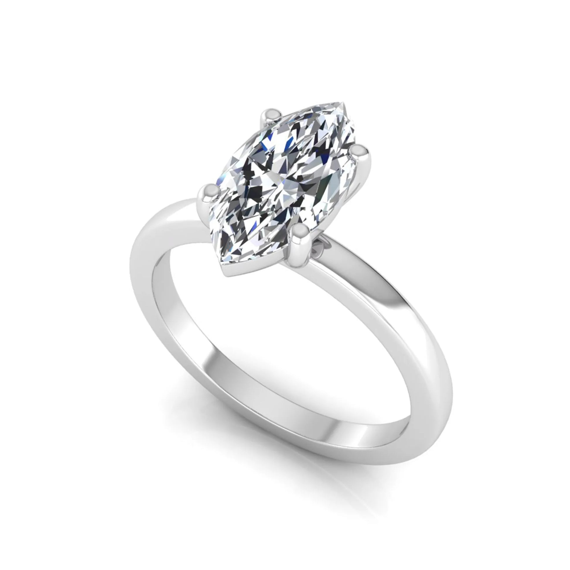 Marquise cut four prong lab grown diamond solitaire engagement ring with white gold tone design