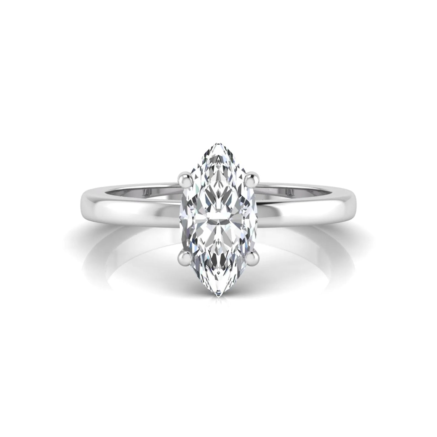 Marquise cut four prong lab grown diamond solitaire engagement ring with white gold tone design