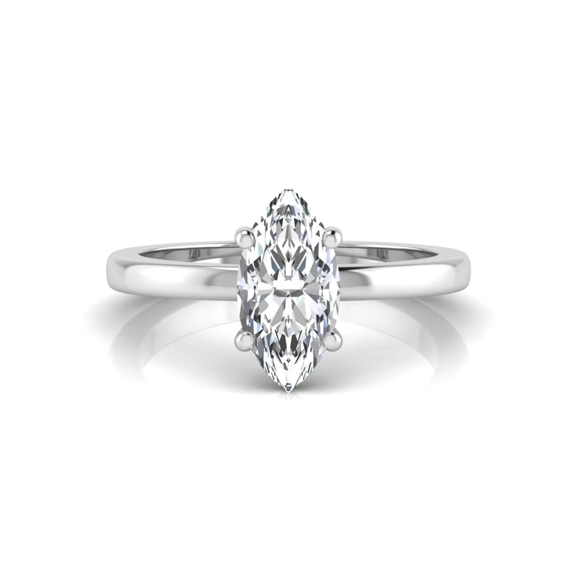 Marquise cut four prong lab grown diamond solitaire engagement ring with white gold tone design