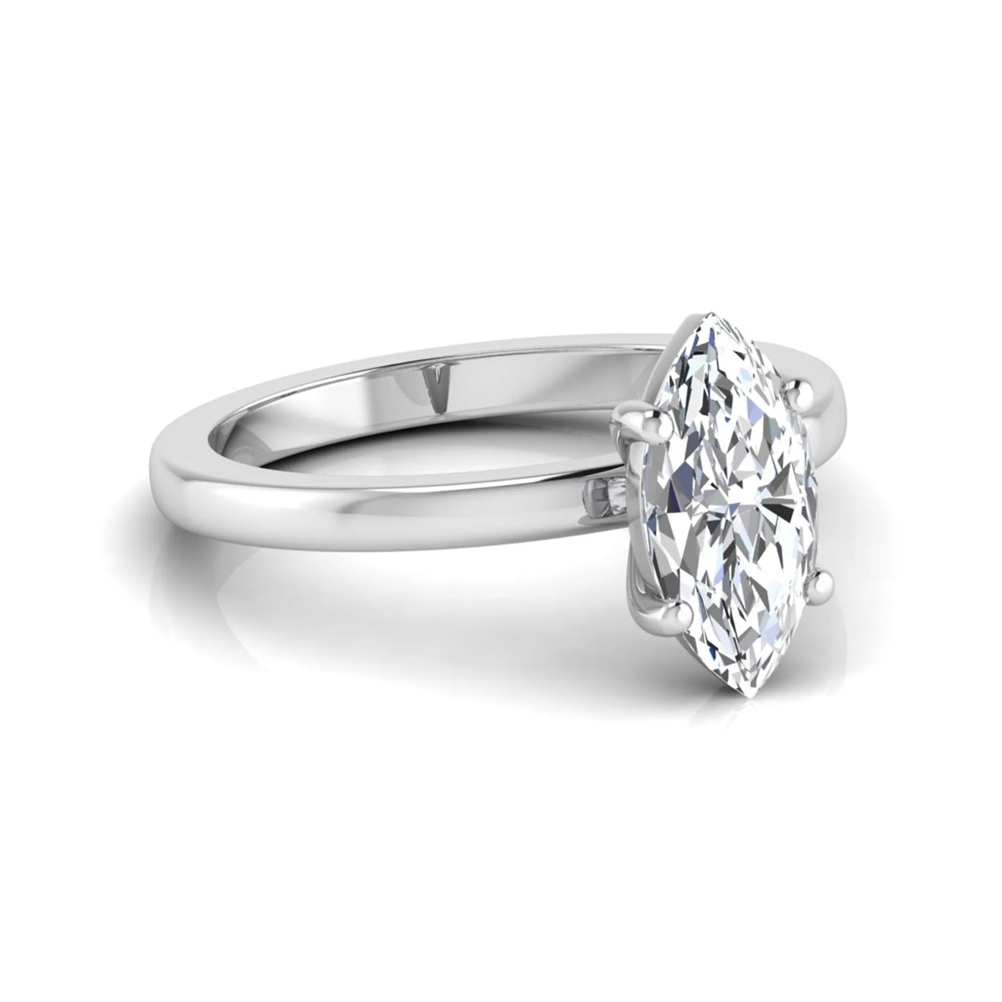 Marquise cut four prong lab grown diamond solitaire engagement ring with white gold tone design