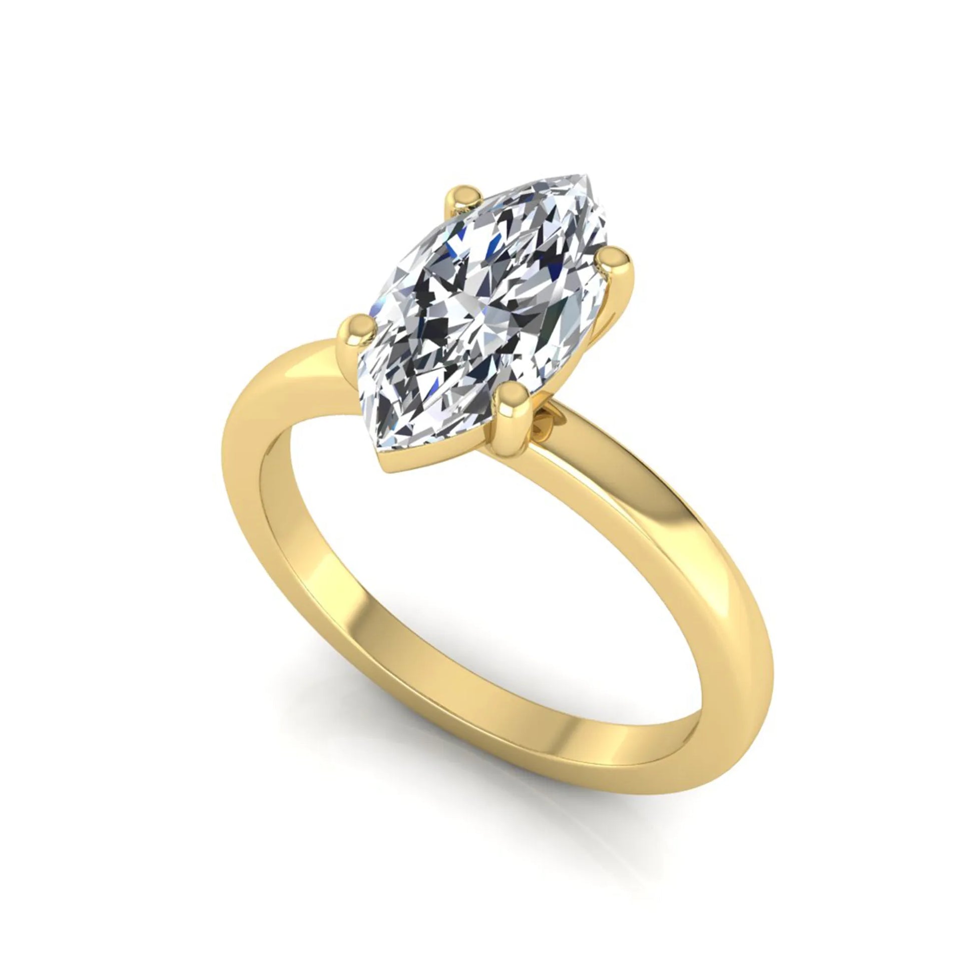 Marquise cut four prong lab grown diamond solitaire engagement ring with yellow gold tone design
