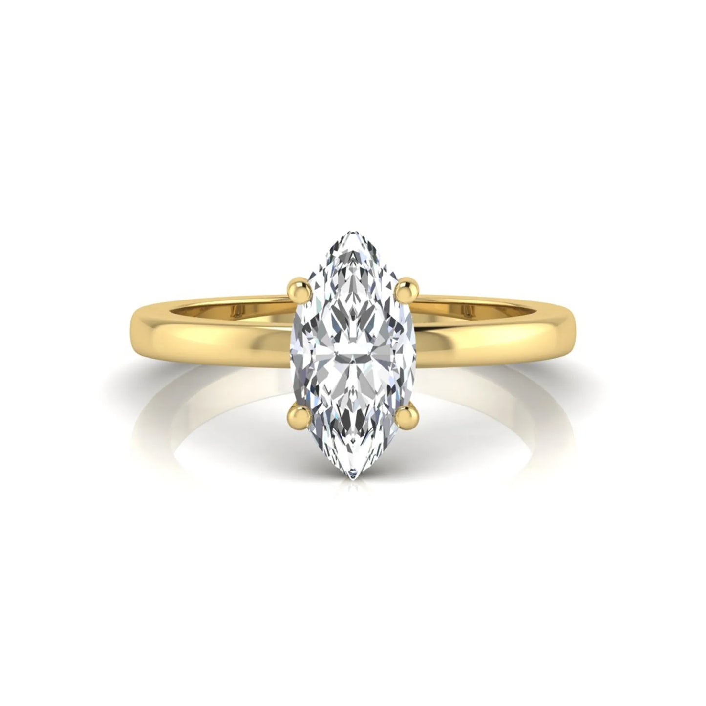 Marquise cut four prong lab grown diamond solitaire engagement ring with yellow gold tone design