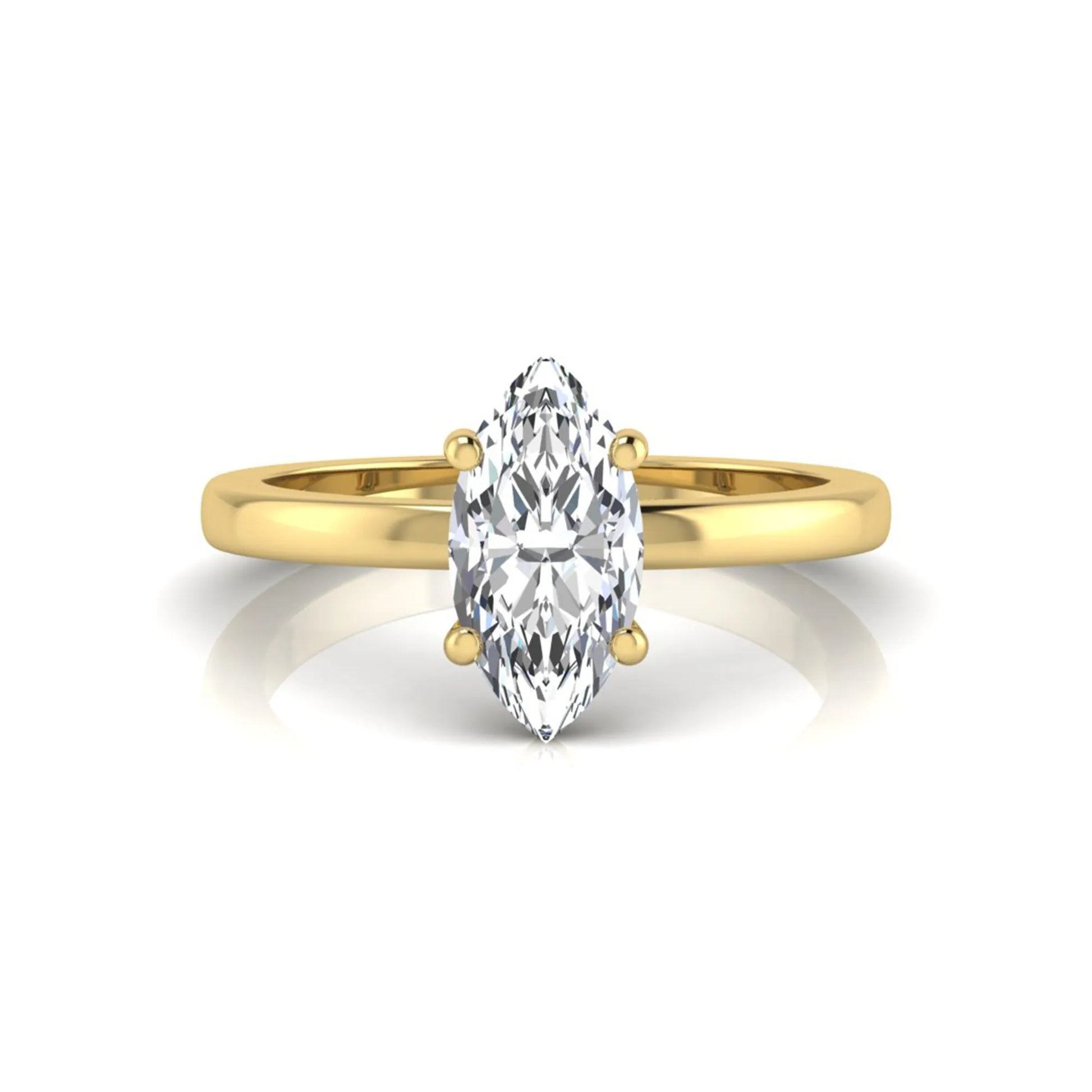 Marquise cut four prong lab grown diamond solitaire engagement ring with yellow gold tone design