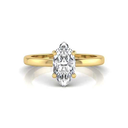 Marquise cut four prong lab grown diamond solitaire engagement ring with yellow gold tone design