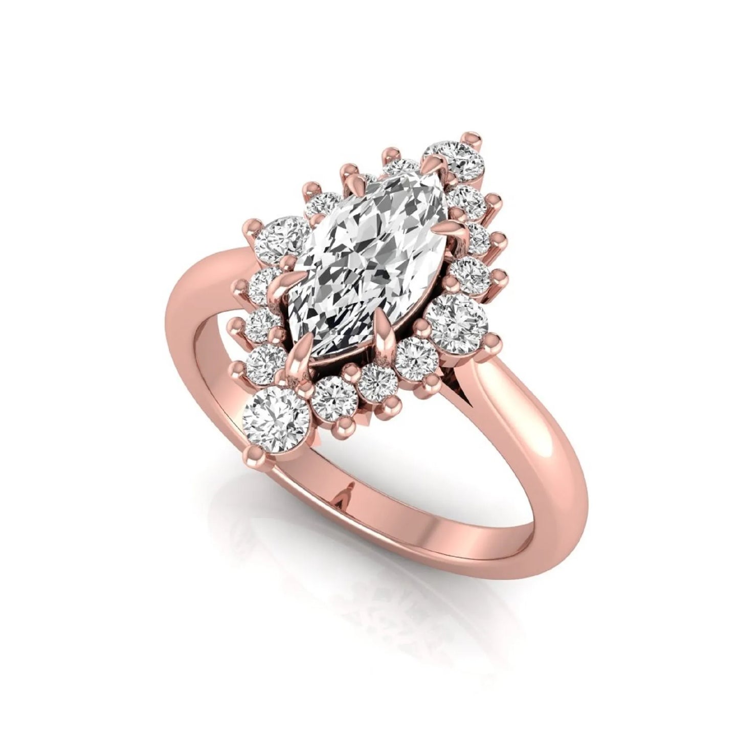 Marquise cut lab grown diamond engagement ring featuring a round diamond halo in a rose gold tone setting.