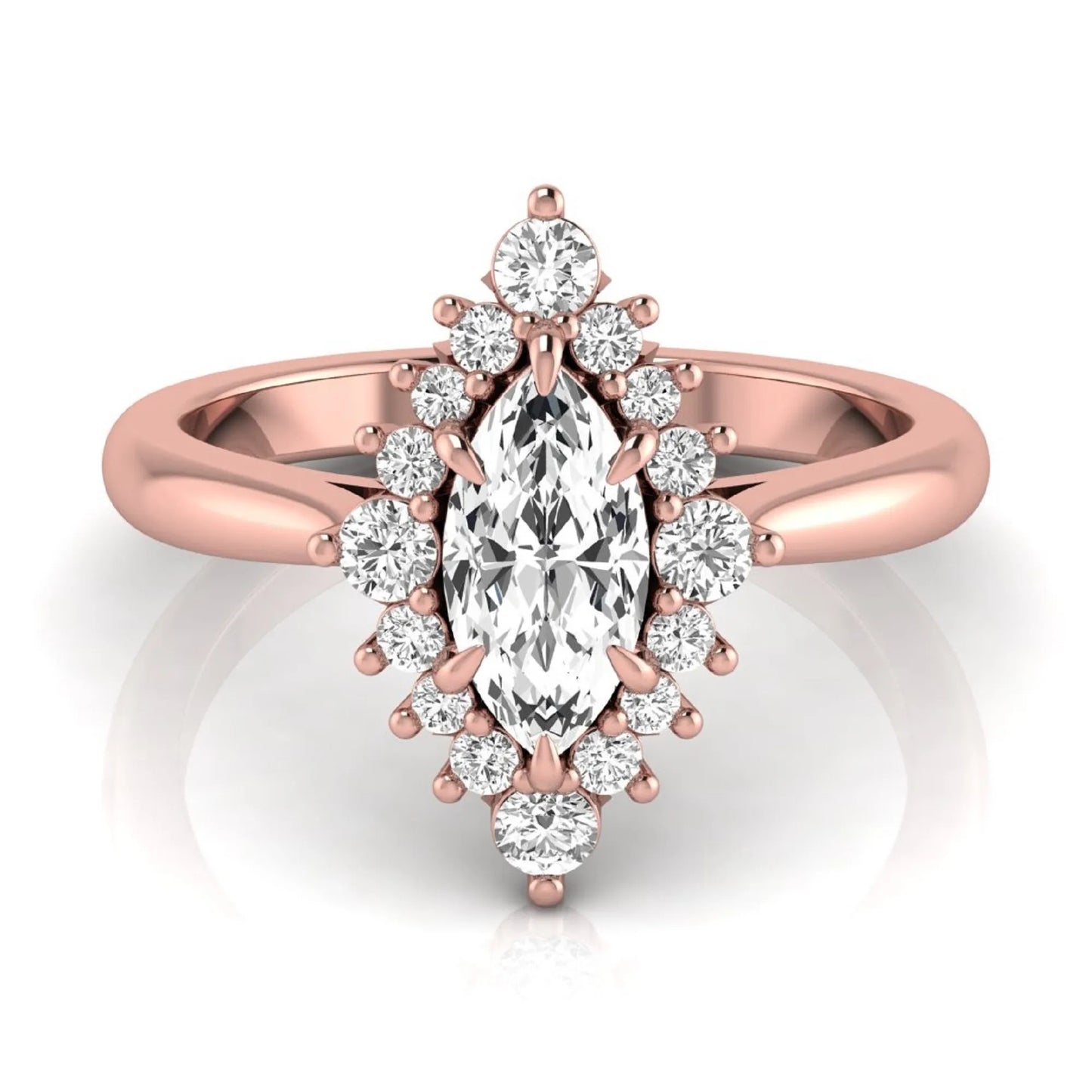 Marquise cut lab grown diamond engagement ring featuring a round diamond halo in a rose gold tone setting.