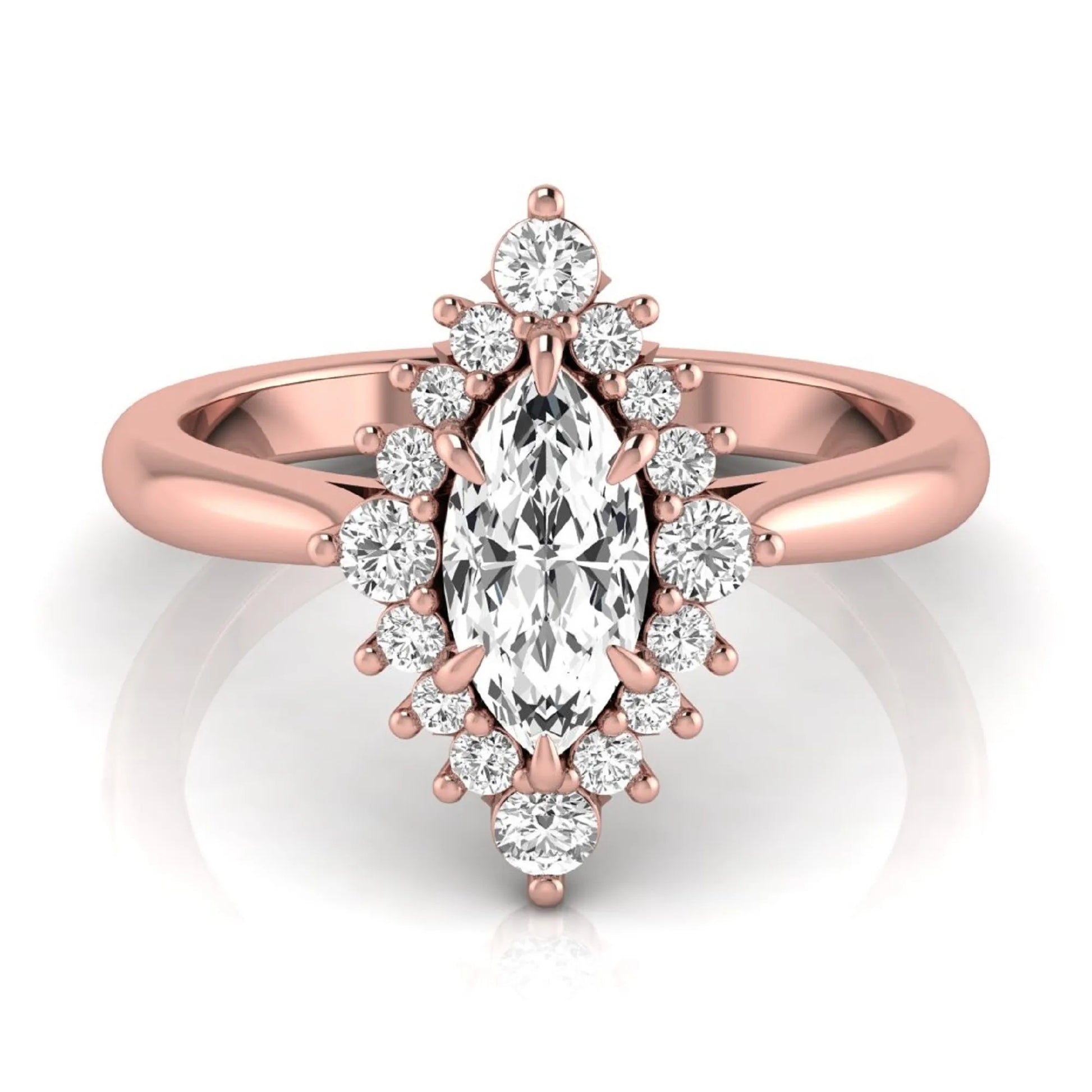 Marquise cut lab grown diamond engagement ring featuring a round diamond halo in a rose gold tone setting.