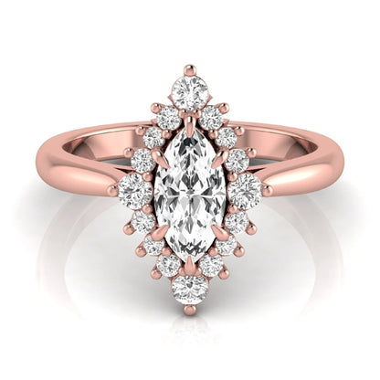 Marquise cut lab grown diamond engagement ring featuring a round diamond halo in a rose gold tone setting.