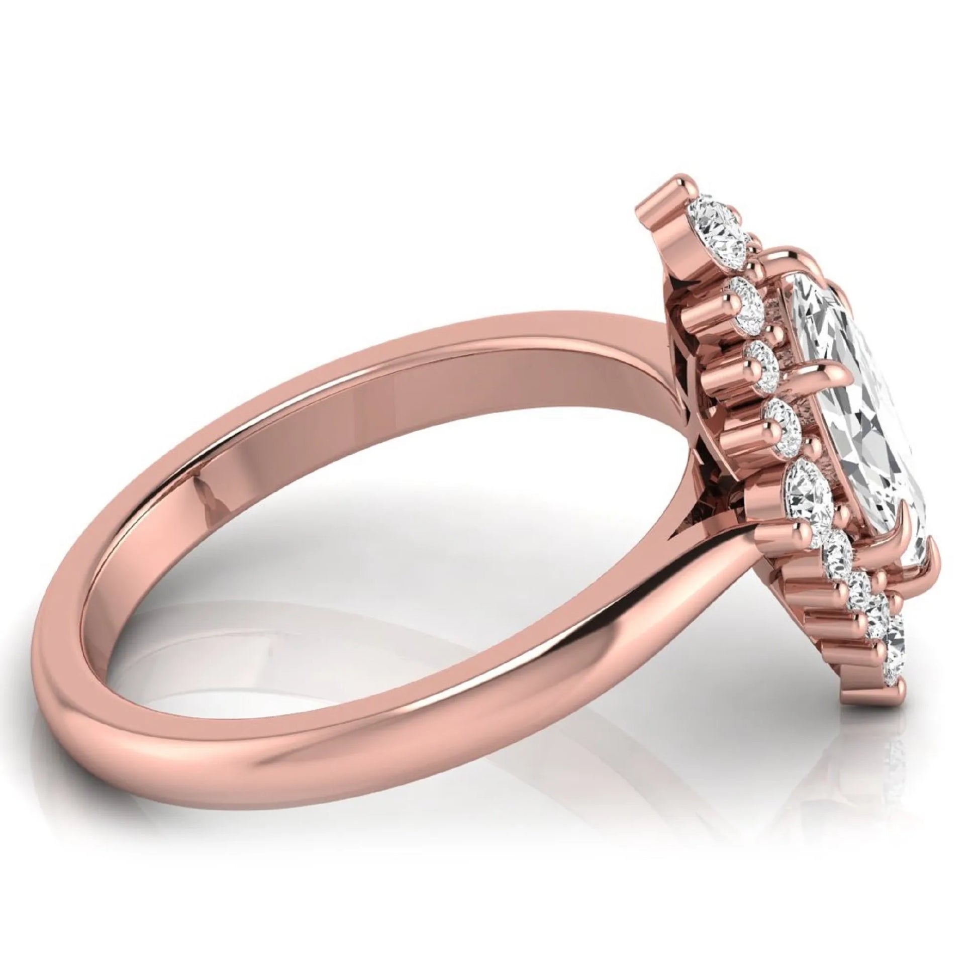 Marquise cut lab grown diamond engagement ring featuring a round diamond halo in a rose gold tone setting.