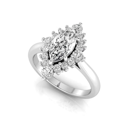 Marquise cut lab grown diamond engagement ring featuring a round diamond halo in a white gold tone setting.