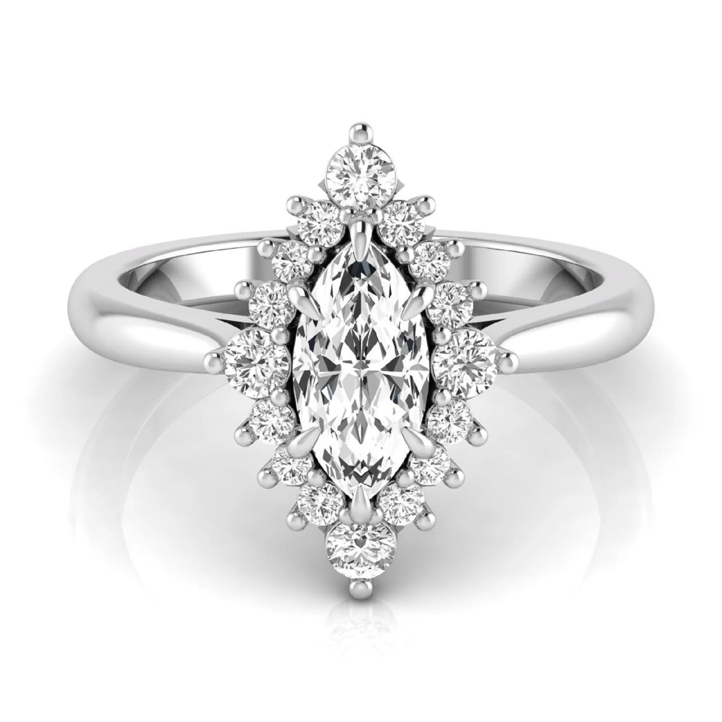 Marquise cut lab grown diamond engagement ring featuring a round diamond halo in a white gold tone setting.