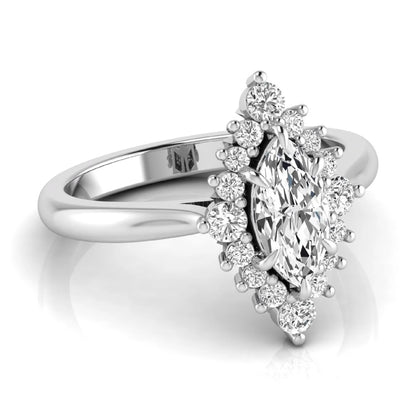 Marquise cut lab grown diamond engagement ring featuring a round diamond halo in a white gold tone setting.