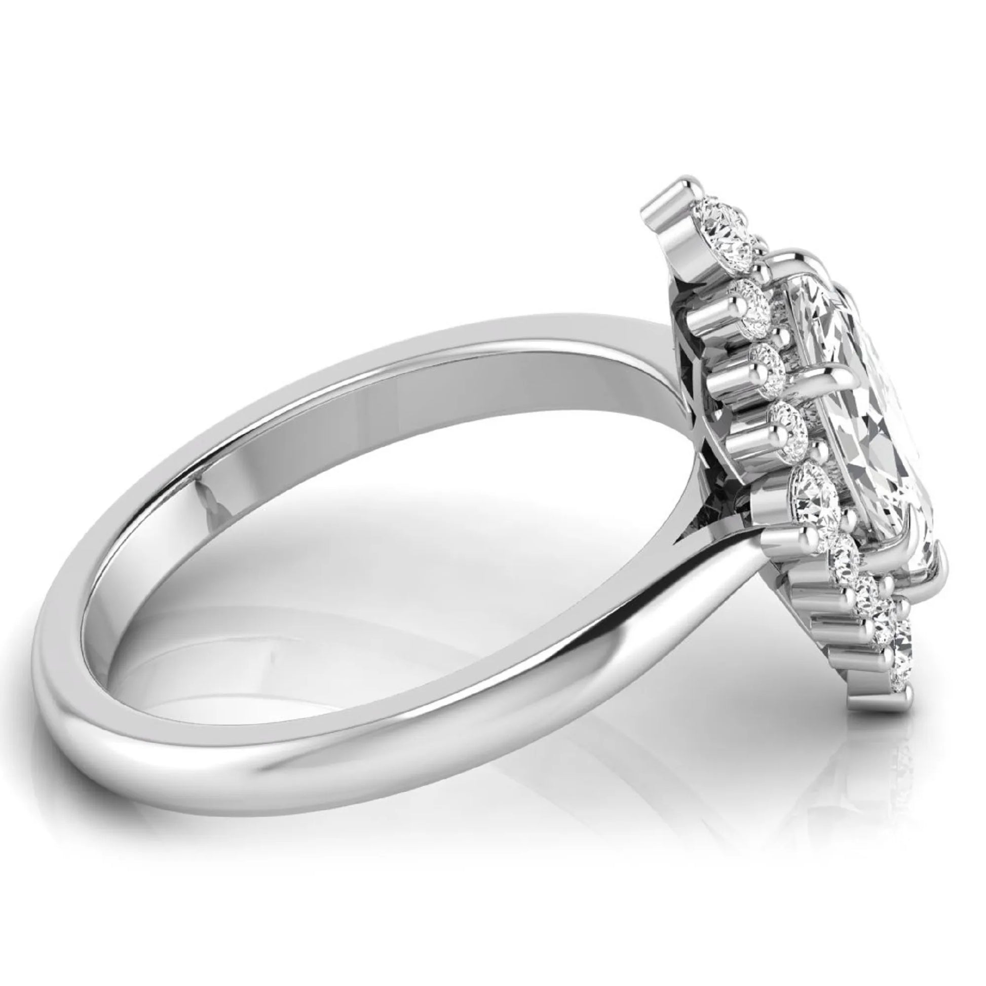 Marquise cut lab grown diamond engagement ring featuring a round diamond halo in a white gold tone setting.