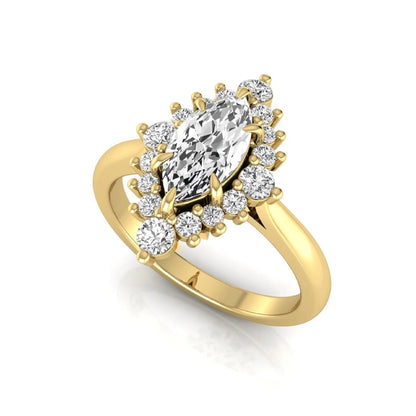Marquise cut lab grown diamond engagement ring featuring a round diamond halo in a yellow gold tone setting.