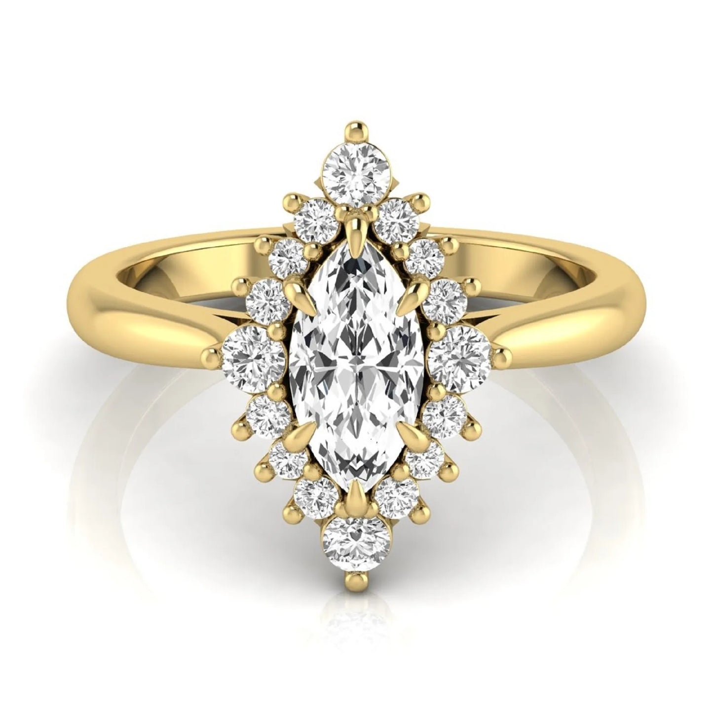 Marquise cut lab grown diamond engagement ring featuring a round diamond halo in a yellow gold tone setting.