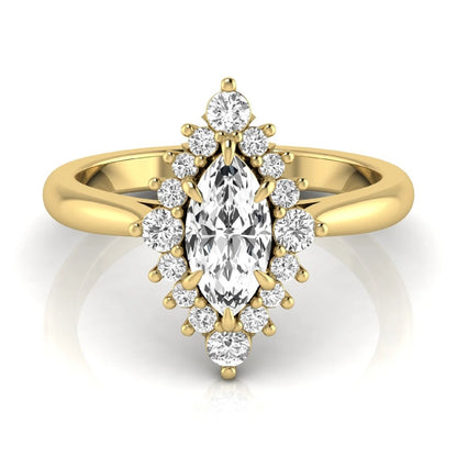 Marquise cut lab grown diamond engagement ring featuring a round diamond halo in a yellow gold tone setting.