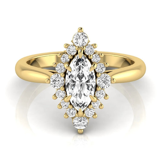 Marquise cut lab grown diamond engagement ring featuring a round diamond halo in a yellow gold tone setting.