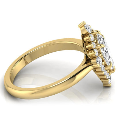 Marquise cut lab grown diamond engagement ring featuring a round diamond halo in a yellow gold tone setting.