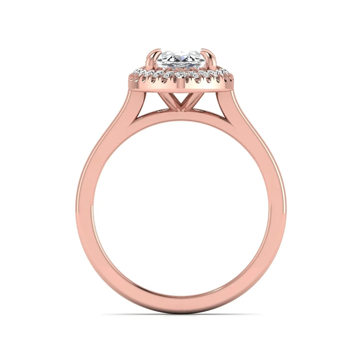 Marquise cut lab grown diamond halo engagement ring with round accent diamonds in a classic prong halo setting in rose gold