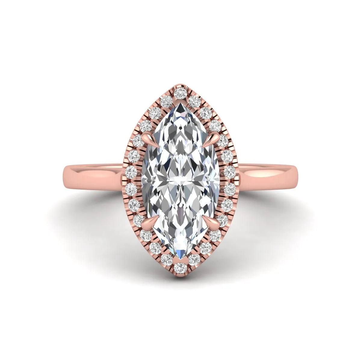 Marquise cut lab grown diamond halo engagement ring with round accent diamonds in a classic prong halo setting in rose gold