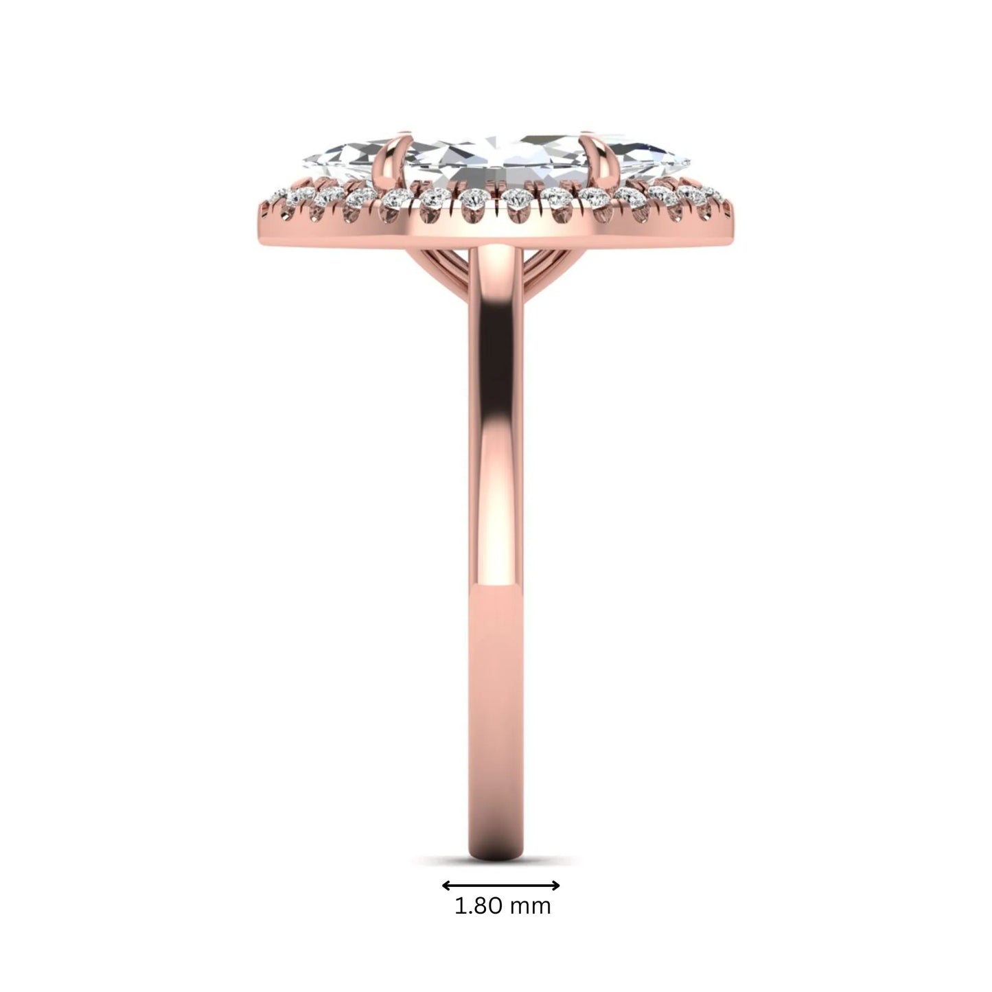 Marquise cut lab grown diamond halo engagement ring with round accent diamonds in a classic prong halo setting in rose gold