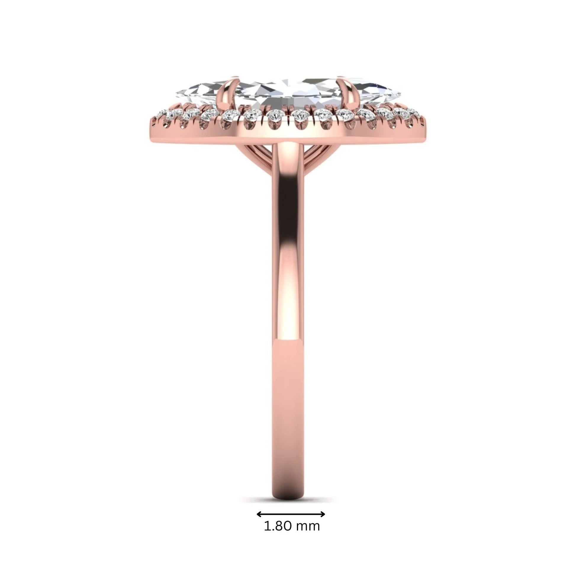Marquise cut lab grown diamond halo engagement ring with round accent diamonds in a classic prong halo setting in rose gold