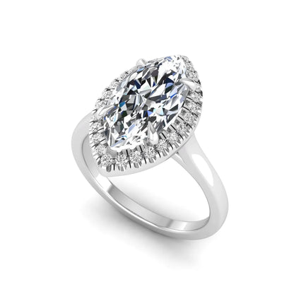 Marquise cut lab grown diamond halo engagement ring with round accent diamonds in a classic prong halo setting in white gold