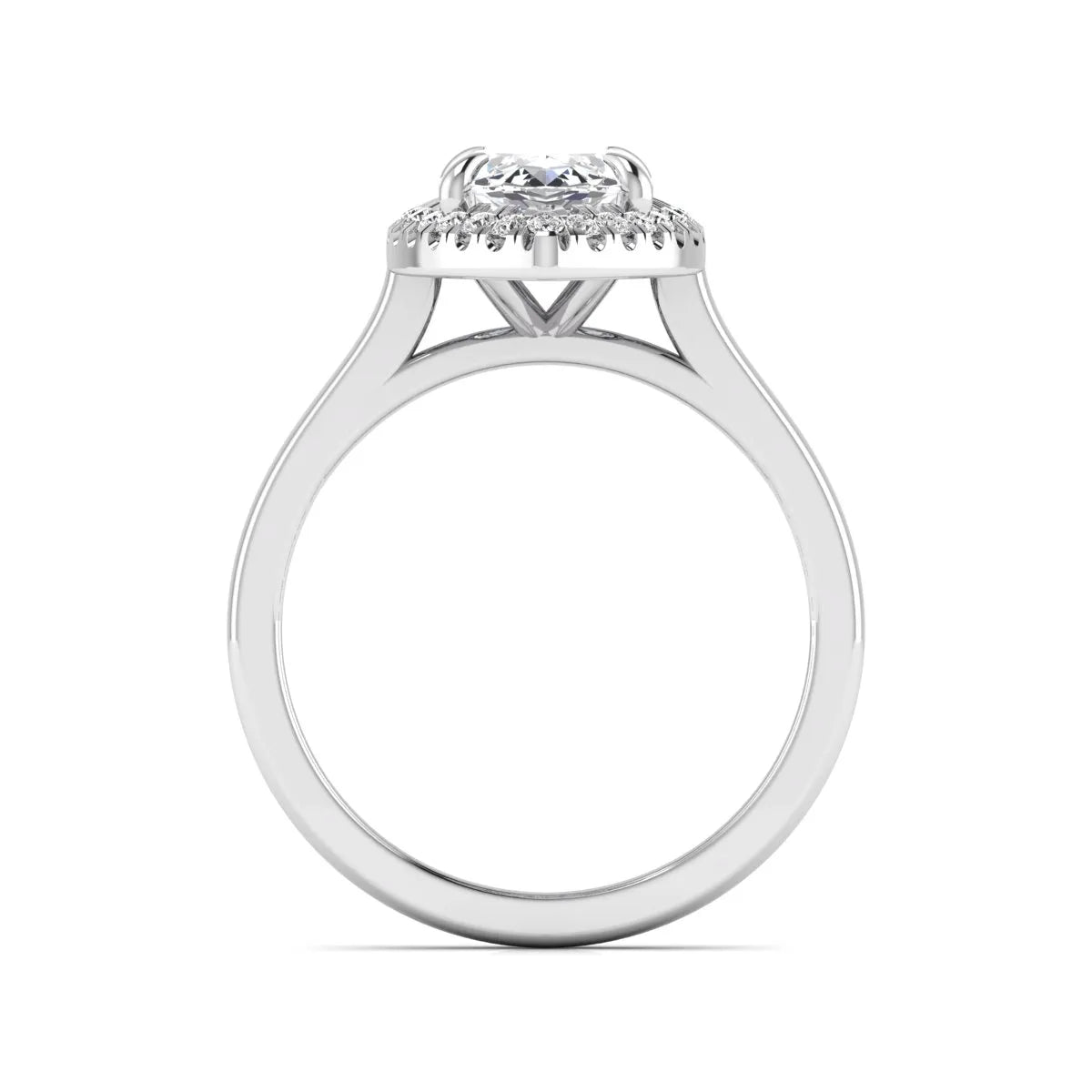 Marquise cut lab grown diamond halo engagement ring with round accent diamonds in a classic prong halo setting in white gold