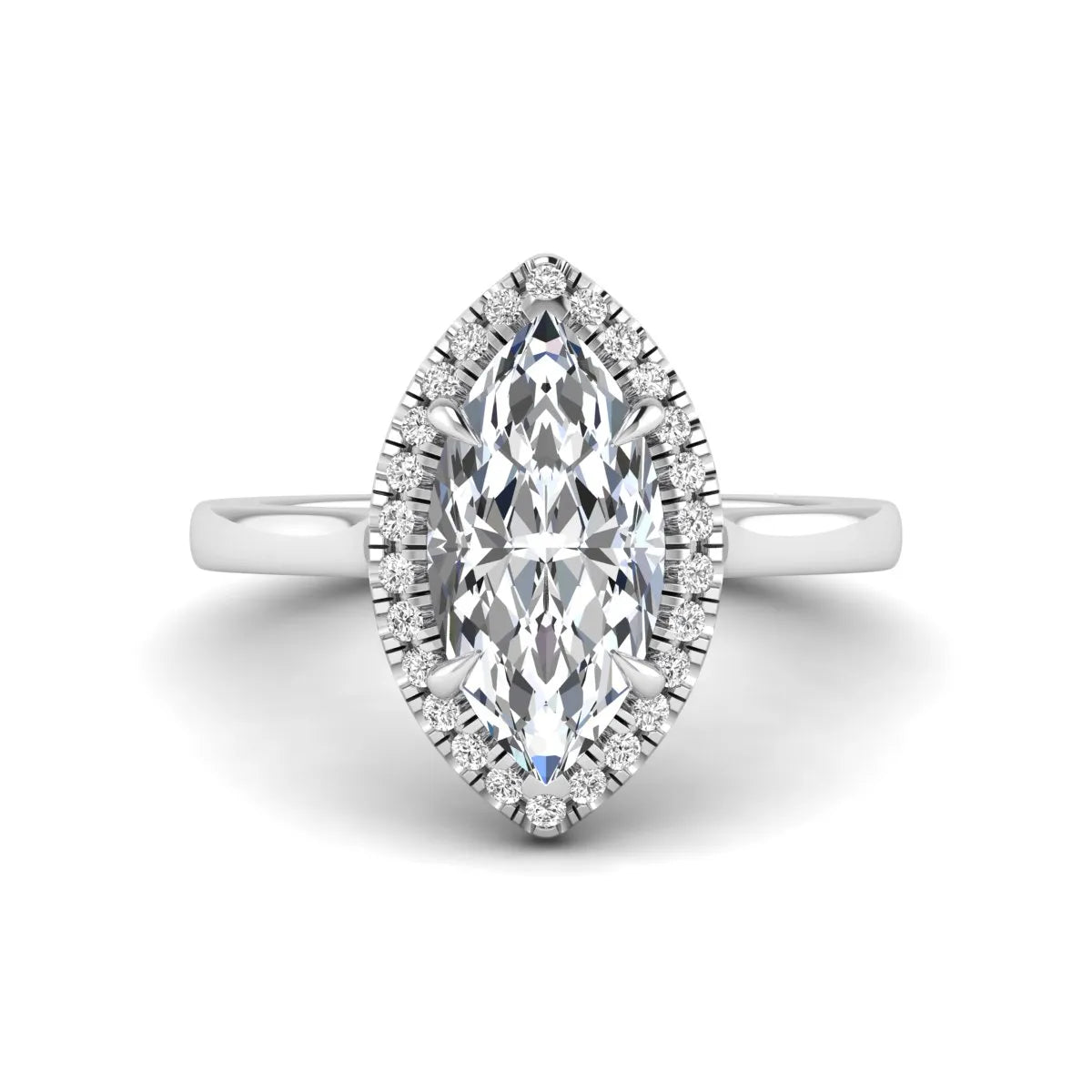 Marquise cut lab grown diamond halo engagement ring with round accent diamonds in a classic prong halo setting in white gold