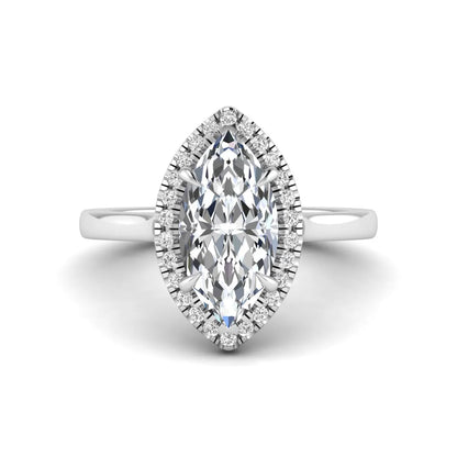 Marquise cut lab grown diamond halo engagement ring with round accent diamonds in a classic prong halo setting in white gold