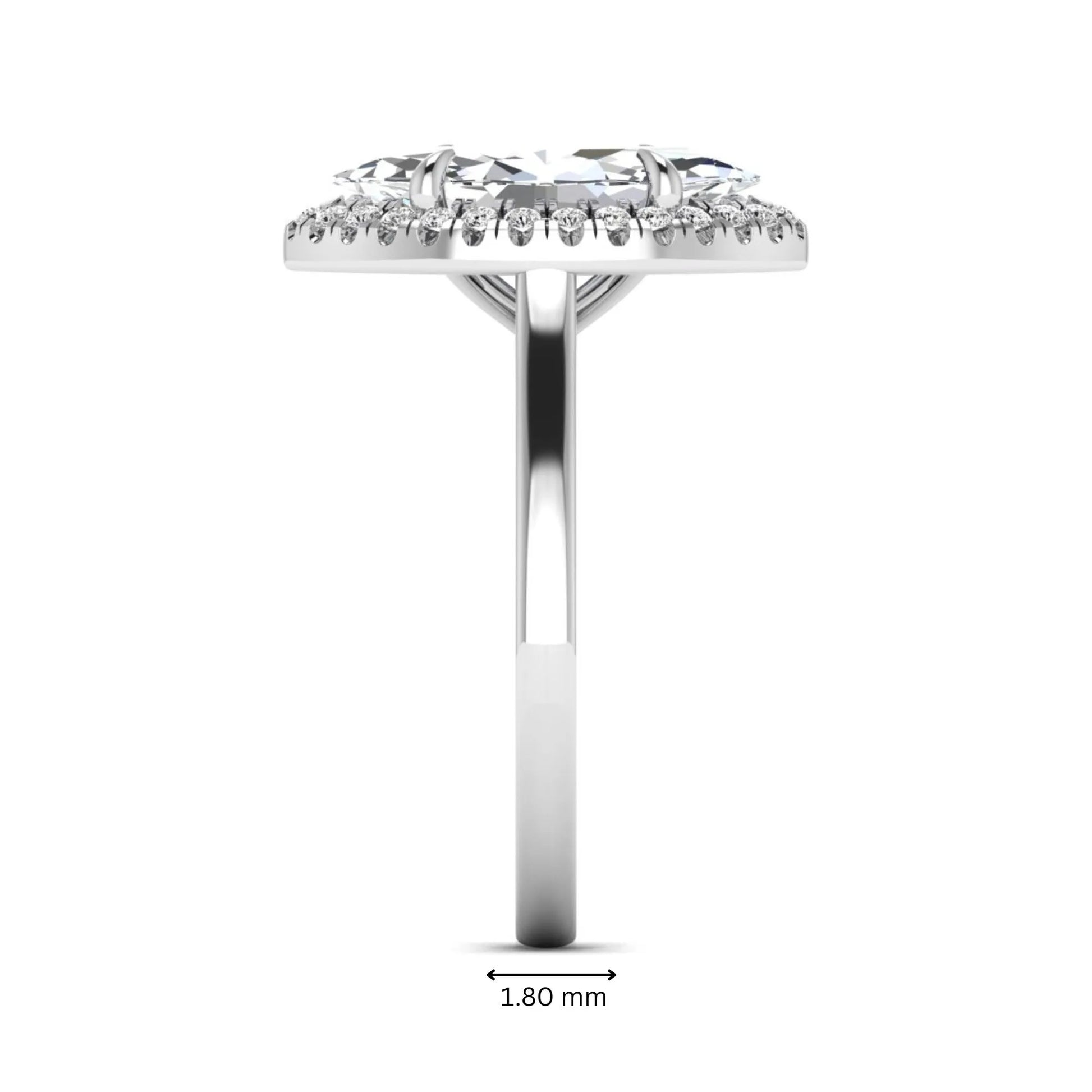 Marquise cut lab grown diamond halo engagement ring with round accent diamonds in a classic prong halo setting in white gold
