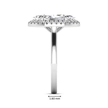 Marquise cut lab grown diamond halo engagement ring with round accent diamonds in a classic prong halo setting in white gold