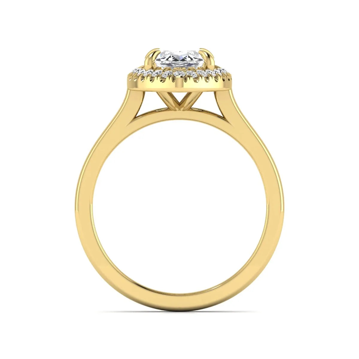 Marquise cut lab grown diamond halo engagement ring with round accent diamonds in a classic prong halo setting in yellow gold