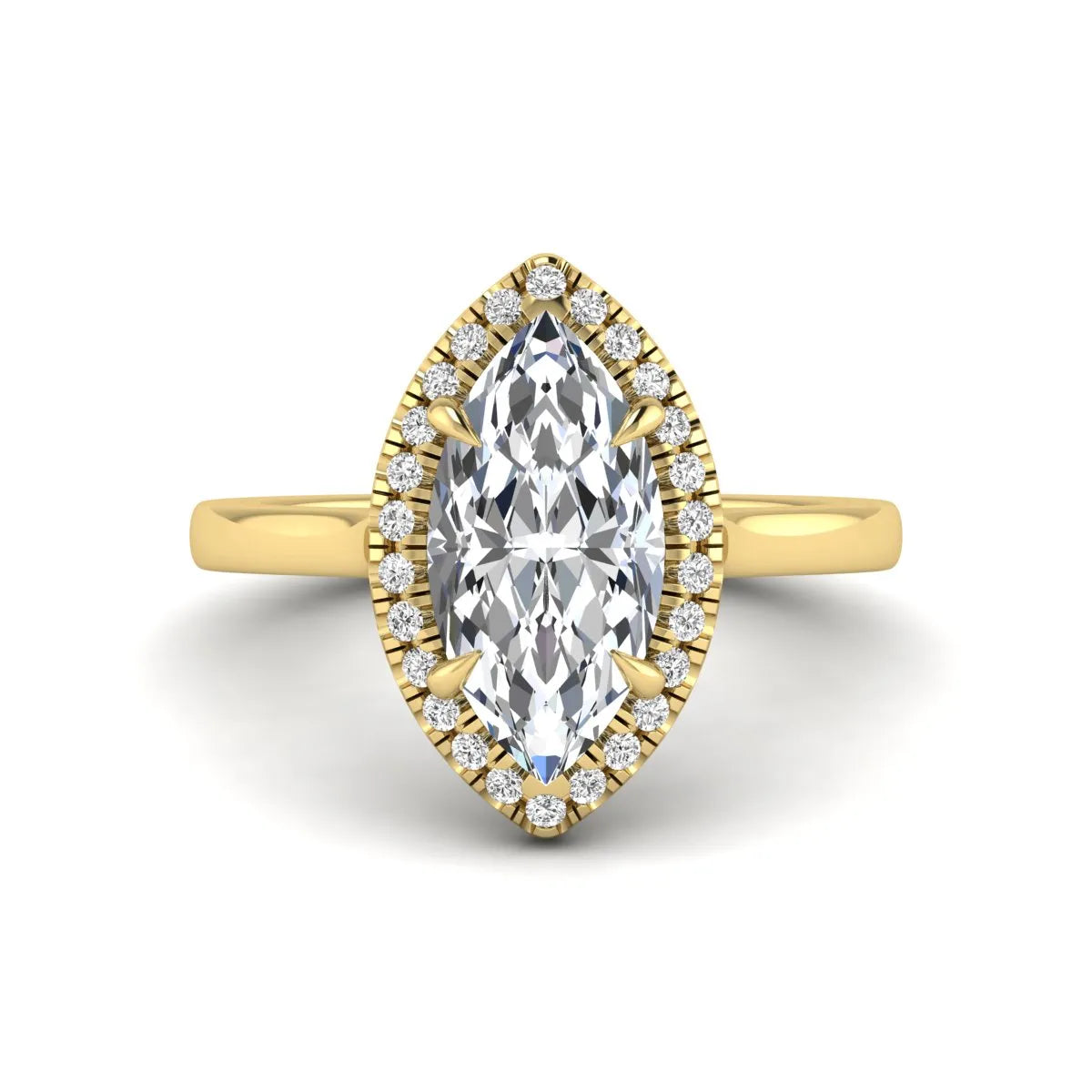 Marquise cut lab grown diamond halo engagement ring with round accent diamonds in a classic prong halo setting in yellow gold