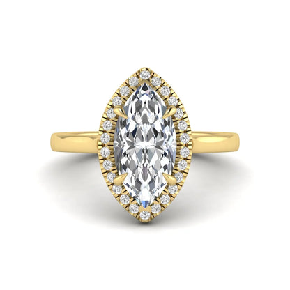 Marquise cut lab grown diamond halo engagement ring with round accent diamonds in a classic prong halo setting in yellow gold