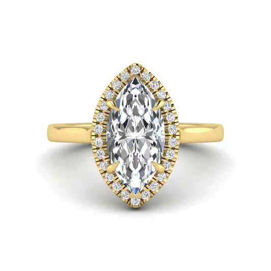 Marquise cut lab grown diamond halo engagement ring with round accent diamonds in a classic prong halo setting in yellow gold