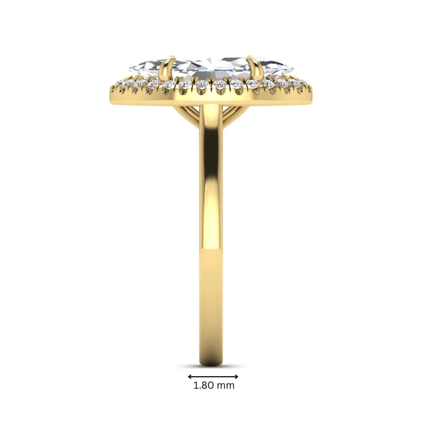 Marquise cut lab grown diamond halo engagement ring with round accent diamonds in a classic prong halo setting in yellow gold