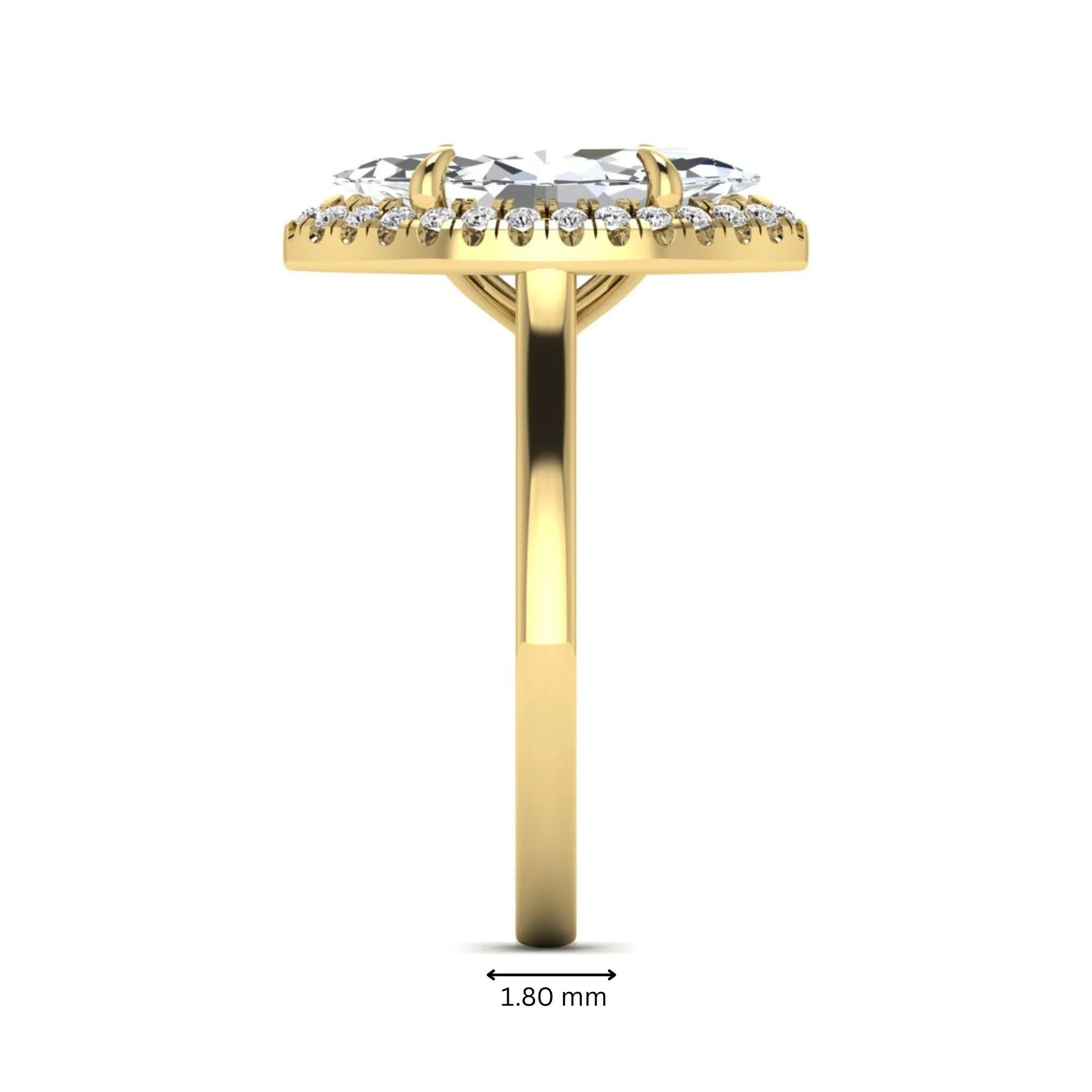 Marquise cut lab grown diamond halo engagement ring with round accent diamonds in a classic prong halo setting in yellow gold