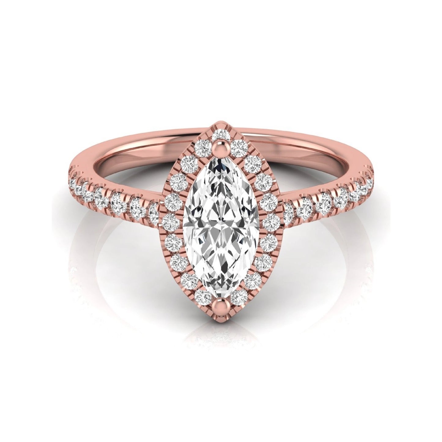 Marquise cut lab grown diamond engagement ring featuring a round diamond halo, pavé diamond band, and classic prong setting with a polished rose gold tone band.
