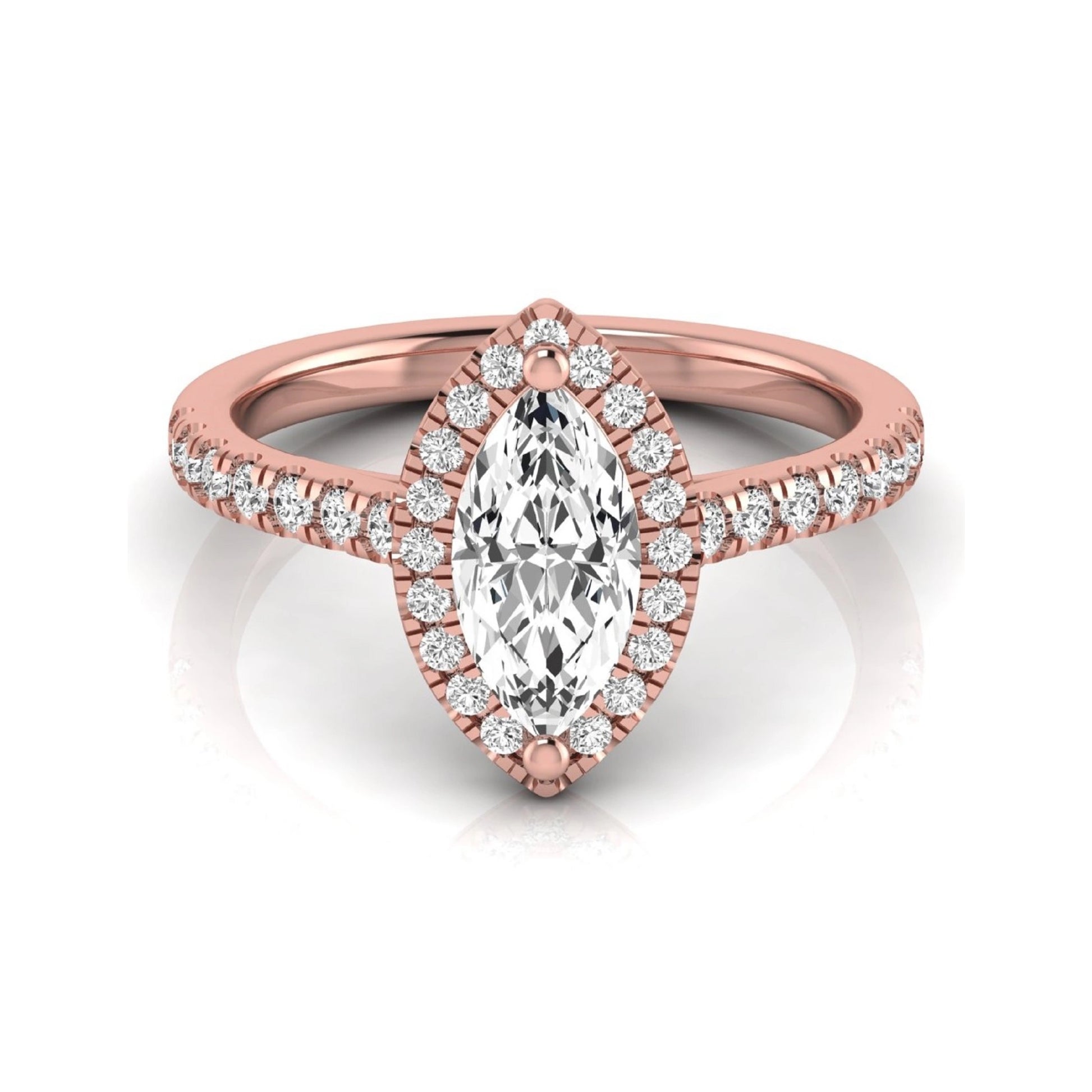 Marquise cut lab grown diamond engagement ring featuring a round diamond halo, pavé diamond band, and classic prong setting with a polished rose gold tone band.