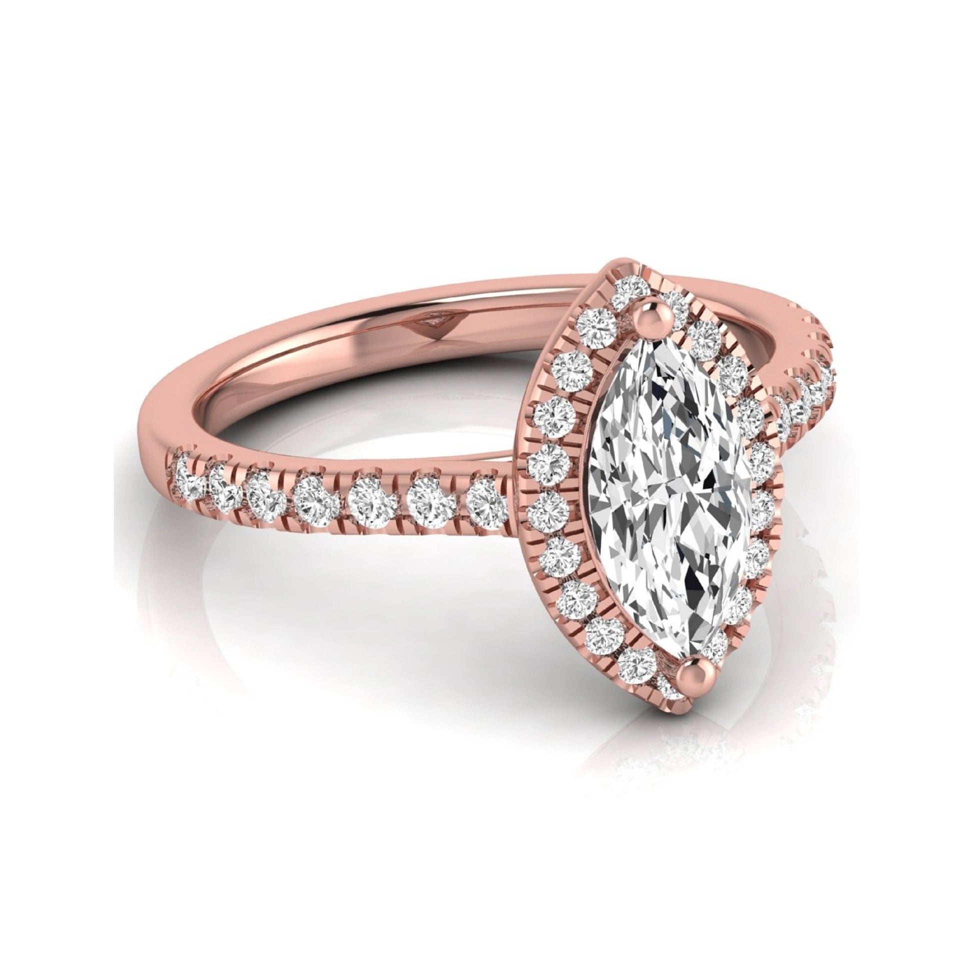 Marquise cut lab grown diamond engagement ring featuring a round diamond halo, pavé diamond band, and classic prong setting with a polished rose gold tone band.